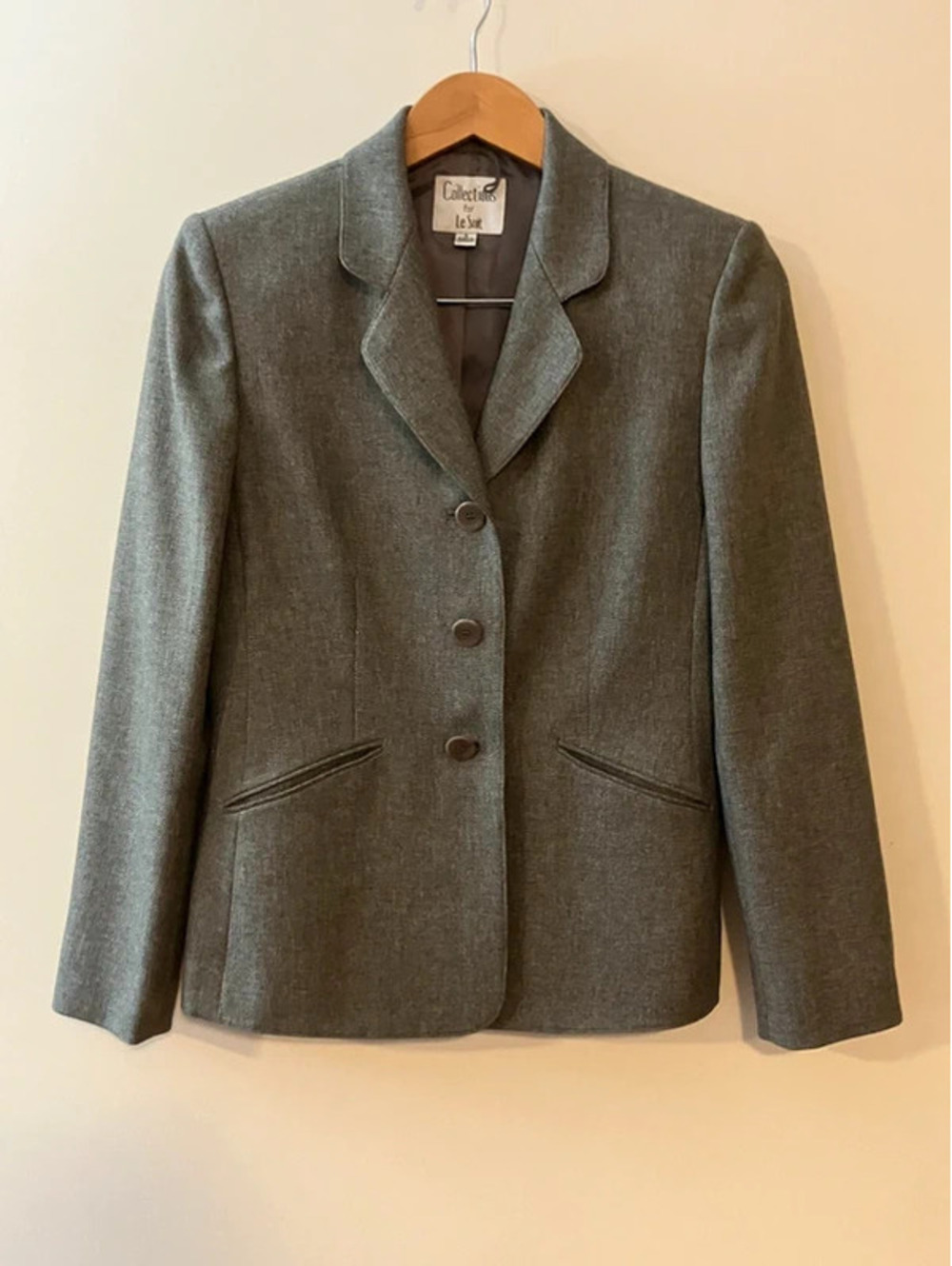 Le Suit Womens 6 Grey Tweed Blazer Three Button Fitted Suit Jacket Office